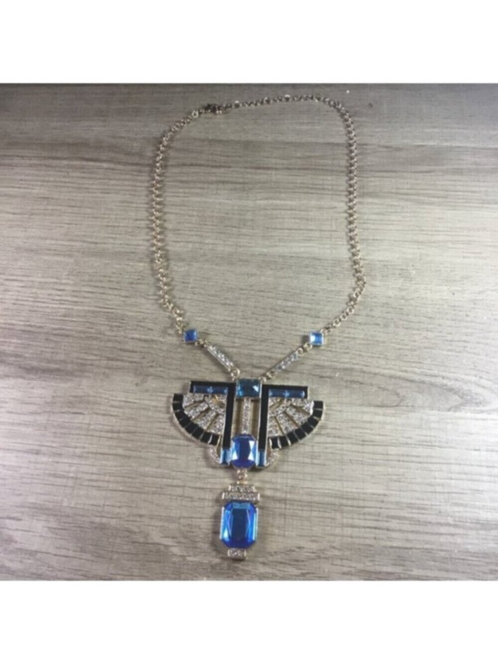 Bohemian Egyptian Elegant Blue and Gold Rhinestone Winged Statement Necklace